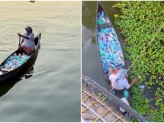 Elderly man rows boat, cleans plastic waste from Alleppey backwaters in Kerala