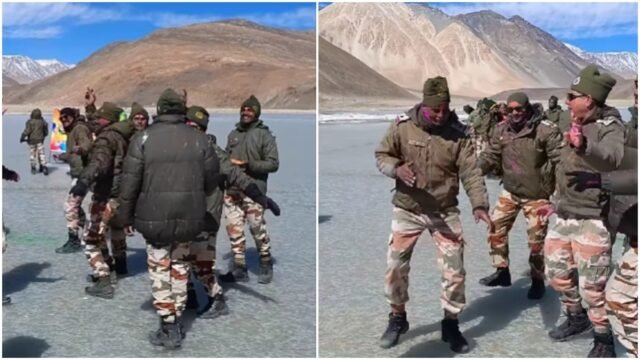 ITBP soldiers celebrate Holi with locals at 14,300 feet in Ladakh. Video goes viral